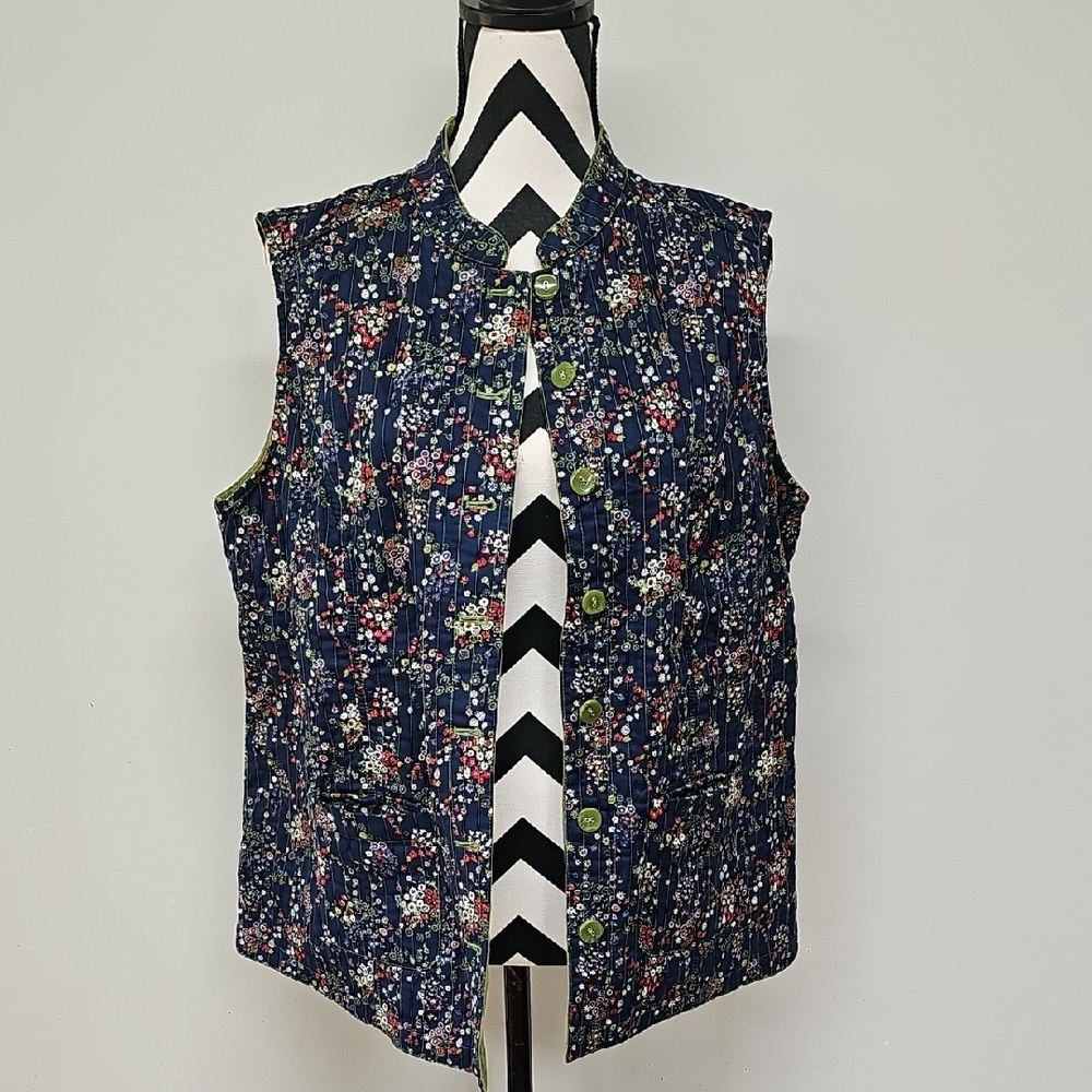 cj banks Reversible Navy Blue Floral & Lime Green Button Up Vest W/ Pockets Sz X
